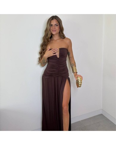 VESTIDO ESCOTE V FRUNCIDO CHOCO