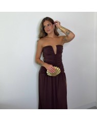 VESTIDO ESCOTE V FRUNCIDO CHOCO