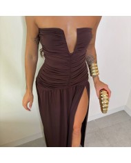 VESTIDO ESCOTE V FRUNCIDO CHOCO