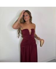 VESTIDO ESCOTE V FRUNCIDO  VINO