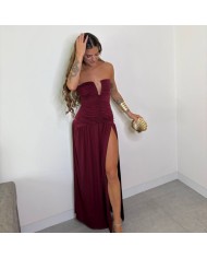 VESTIDO ESCOTE V FRUNCIDO  VINO