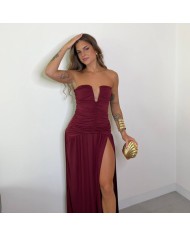 VESTIDO ESCOTE V FRUNCIDO  VINO