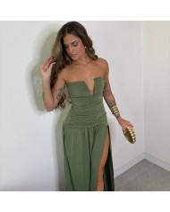 VESTIDO ESCOTE V FRUNCIDO VERDE CAQUI