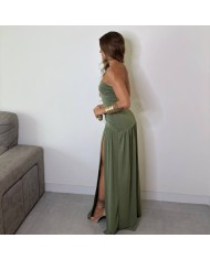 VESTIDO ESCOTE V FRUNCIDO VERDE CAQUI