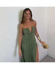 VESTIDO ESCOTE V FRUNCIDO VERDE CAQUI