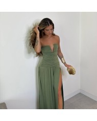 VESTIDO ESCOTE V FRUNCIDO VERDE CAQUI