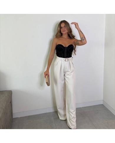 PANTALÓN TRAJE CINTURÓN CREMA
