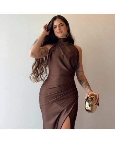 VESTIDO HALTER SATÉN CHOCO