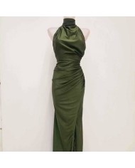 VESTIDO HALTER SATÉN VERDE CAQUI