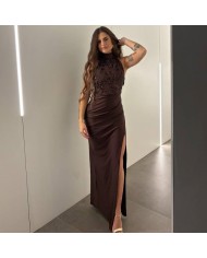 VESTIDO HALTER LENTEJUELAS CHOCO