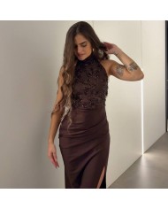 VESTIDO HALTER LENTEJUELAS CHOCO
