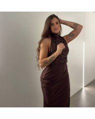 VESTIDO HALTER LENTEJUELAS CHOCO