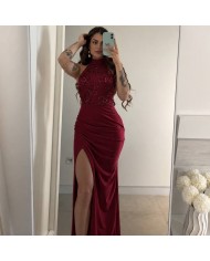 VESTIDO HALTER LENTEJUELAS BURDEOS