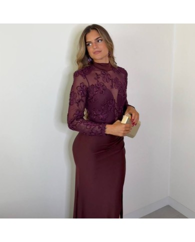 PREVENTA VESTIDO TRANSPARENCIAS TUL BURDEOS