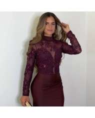 PREVENTA VESTIDO TRANSPARENCIAS TUL BURDEOS