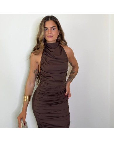 VESTIDO HALTER FRUNCIDO CHOCO