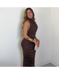 VESTIDO HALTER FRUNCIDO CHOCO