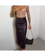 FALDA MIDI EFECTO PIEL BURDEOS