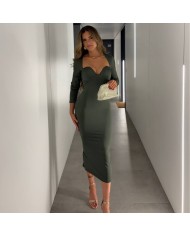 VESTIDO ESCOTE CORAZÓN VERDE CAQUI