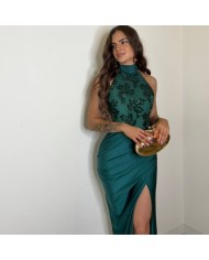 VESTIDO HALTER LENTEJUELAS VERDE ESMERALDA