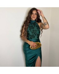 VESTIDO HALTER LENTEJUELAS VERDE ESMERALDA