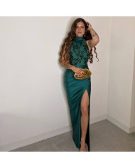VESTIDO HALTER LENTEJUELAS VERDE ESMERALDA