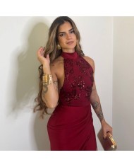 VESTIDO HALTER LENTEJUELAS VINO