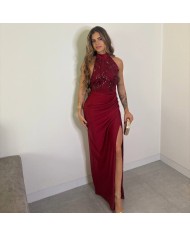 VESTIDO HALTER LENTEJUELAS VINO