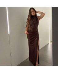 VESTIDO HALTER LENTEJUELAS CHOCO