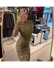 VESTIDO TUL ANIMAL PRINTI VERDE CAQUI