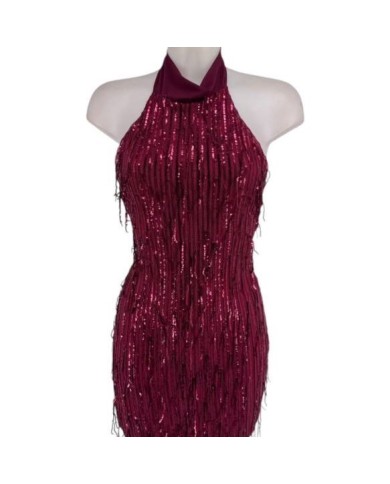 VESTIDO FLECOS LENTEJUELAS VINO Y PLATA