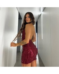 VESTIDO FLECOS LENTEJUELAS VINO Y PLATA