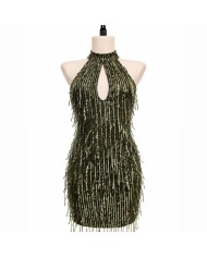 PREVENTA VESTIDO LENTEJUELAS FLECOS OLIVA