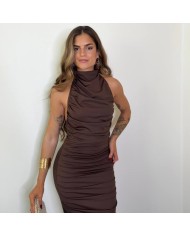VESTIDO HALTER FRUNCIDO CHOCO