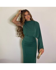 VESTIDO ASIMÉTRICO DRAPEADO VERDE BOTELLA