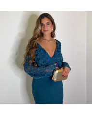 VESTIDO COMBINADO ENCAJE PETRÓLEO
