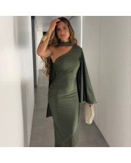 VESTIDO ASIMÉTRICO FLECOS VERDE