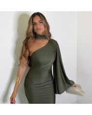 VESTIDO ASIMÉTRICO FLECOS VERDE