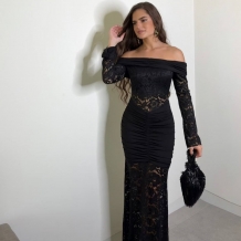 VESTIDO ENCAJE FRUNCIDO NEGRO