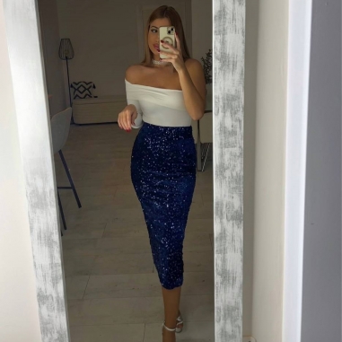 FALDA MIDI LENTEJUELAS MARINO