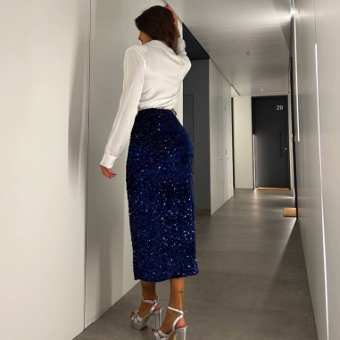 FALDA MIDI LENTEJUELAS MARINO