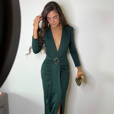 VESTIDO NUDO HEBILLA MANGA VERDE BOTELLA