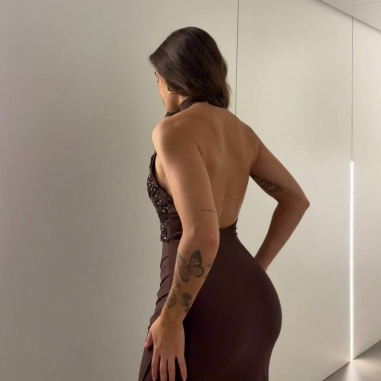 VESTIDO HALTER LENTEJUELAS CHOCO