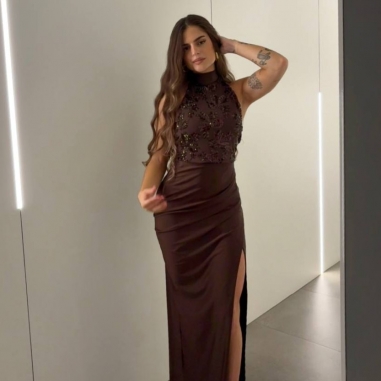 VESTIDO HALTER LENTEJUELAS CHOCO