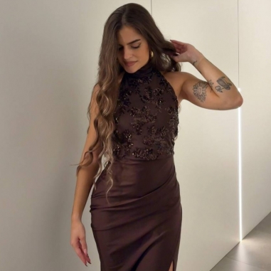 VESTIDO HALTER LENTEJUELAS CHOCO