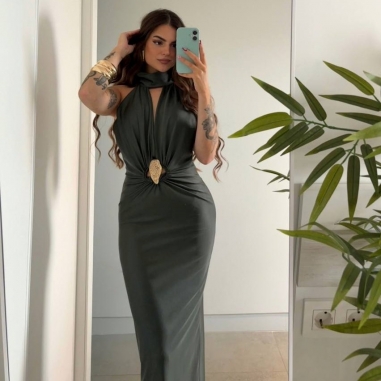 VESTIDO OLIVEIRA VERDE CAQUI