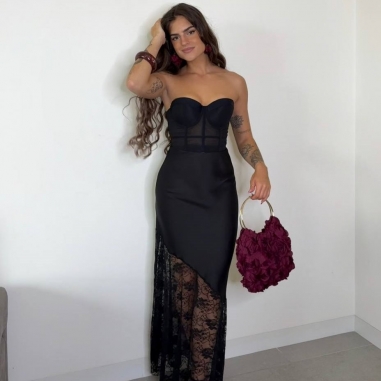 FALDA SATINADA ENCAJE NEGRA