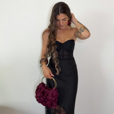 FALDA SATINADA ENCAJE NEGRA