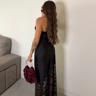 FALDA SATINADA ENCAJE NEGRA