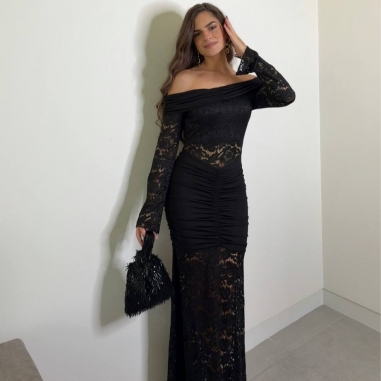 VESTIDO ENCAJE FRUNCIDO NEGRO